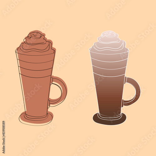 This illustration depicts two tall glasses of iced coffee with whipped cream on top. The glasses are drawn in an outline style with a gradient effect on the liquid.