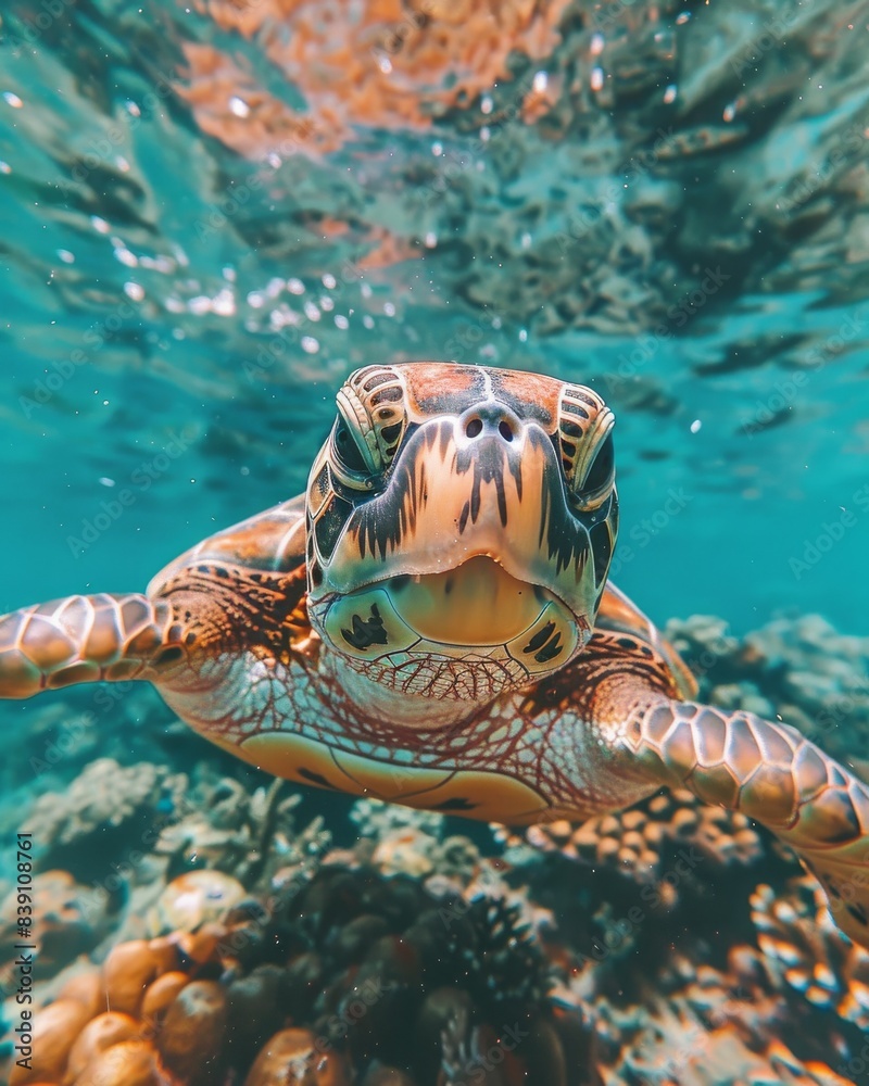 Fototapeta premium Sea Turtle Swimming Through Coral Reef