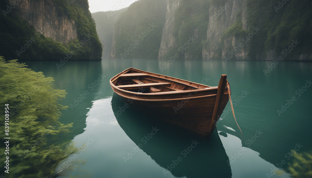 wood humble boat in calm waters, surrounded by towering cliffs and lush vegetation
wood humble boat in calm waters, surrounded by towering cliffs and lush vegetation