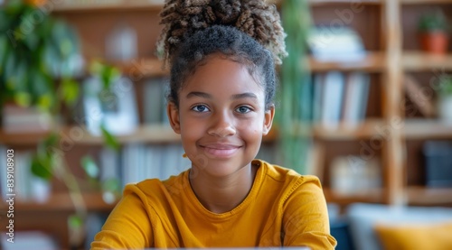 Smiling Young Girl With Curly Hair in Yellow Shirt Indoors