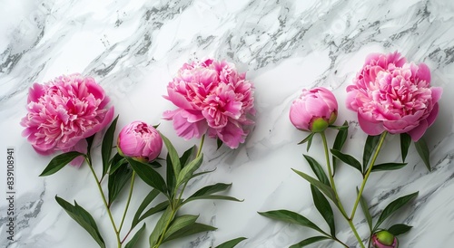 Pink Peonies on a White Marble Background