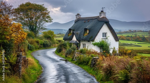 White Cottage With Thatched Roof on a Winding Road at Sunset