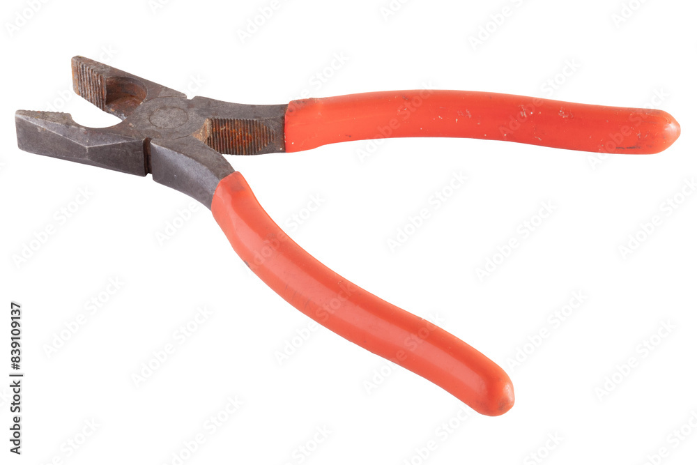 Old red and rusty pliers isolated on white background, professional and home working tool. Tool box. Old red and rusty pliers isolated on white background, professional and home working tool. Tool box.