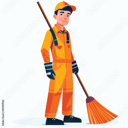 Young male janitor cartoon character standing confident broom, professional cleaning service worker orange uniform, gloves, cap. Cleaner man posing proud streetscape maintenance. Professional