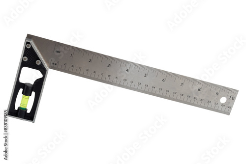 Carpenter's square, metal right angle tool with a level isolated on white background, design and measuring tool.