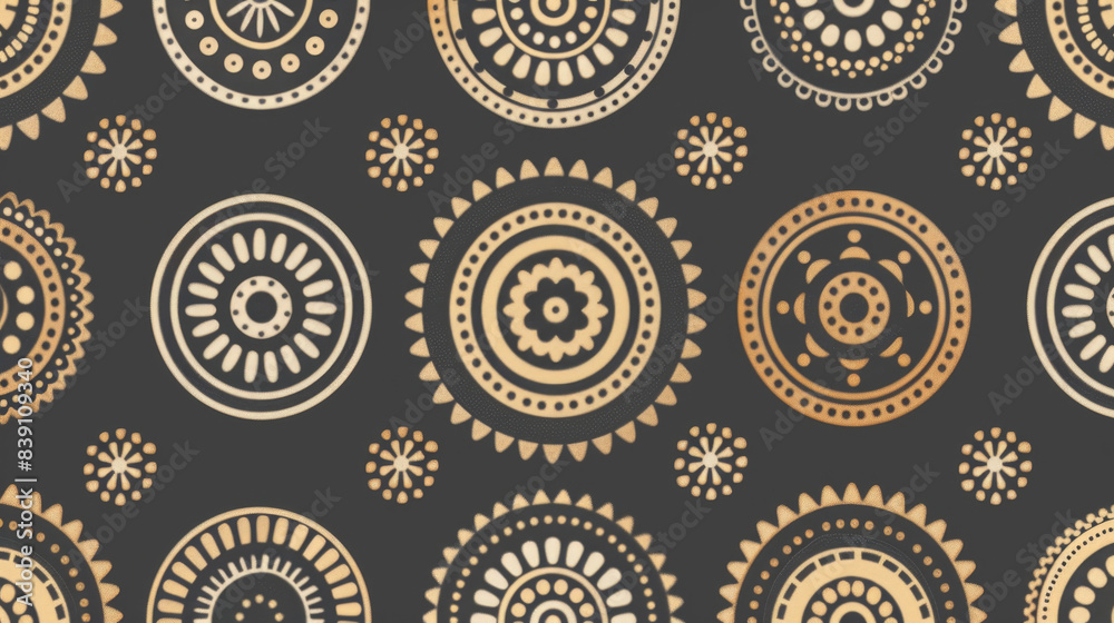 A harmonious arrangement of circular ethnic patterns in warm tones against a dark background suitable for fabrics A harmonious arrangement of circular ethnic patterns in warm tones against a dark background suitable for fabrics