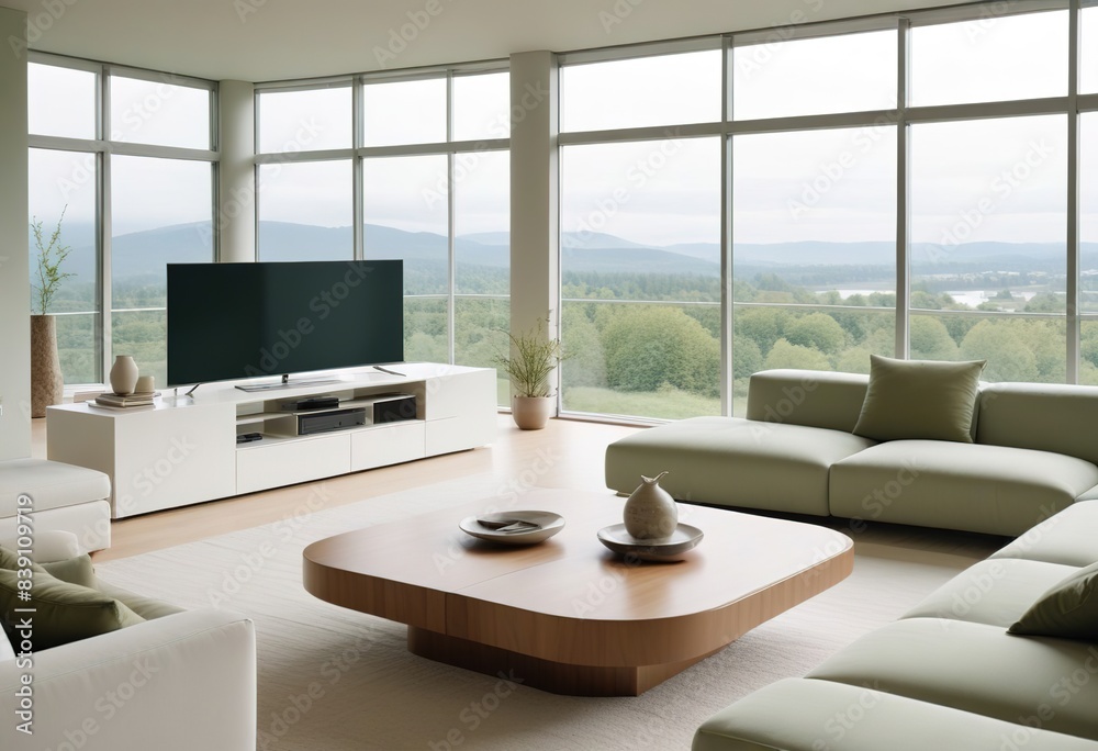 Fototapeta premium White sofa and a tv unit in a spacious room. Luxury home interior design of modern living room