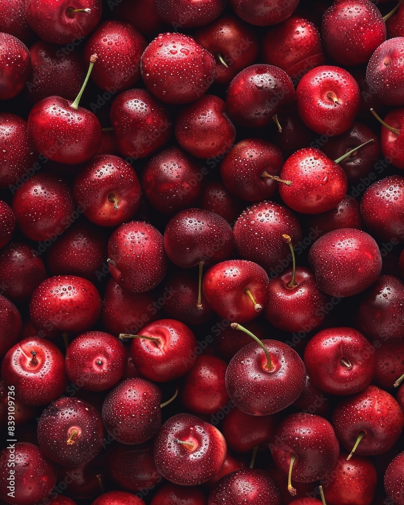 Juicy red cherries with visible water droplets fill the frame, showcasing a rich texture and freshness
