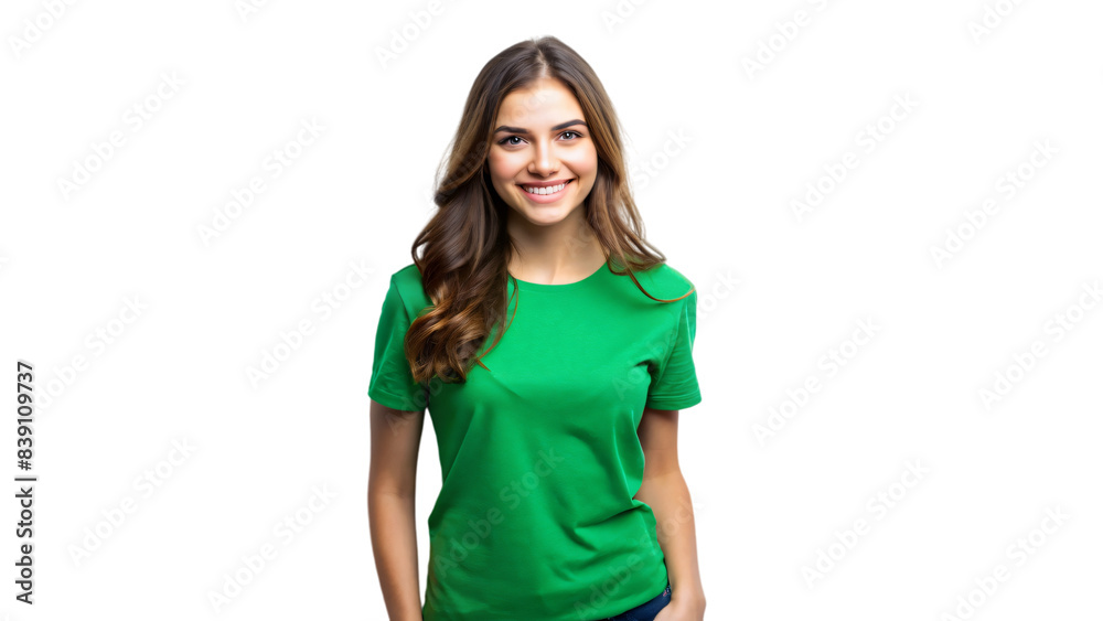 A close-up portrait of a smiling brunette woman รื green t shirt with her hair flowing down A close-up portrait of a smiling brunette woman รื green t shirt with her hair flowing down