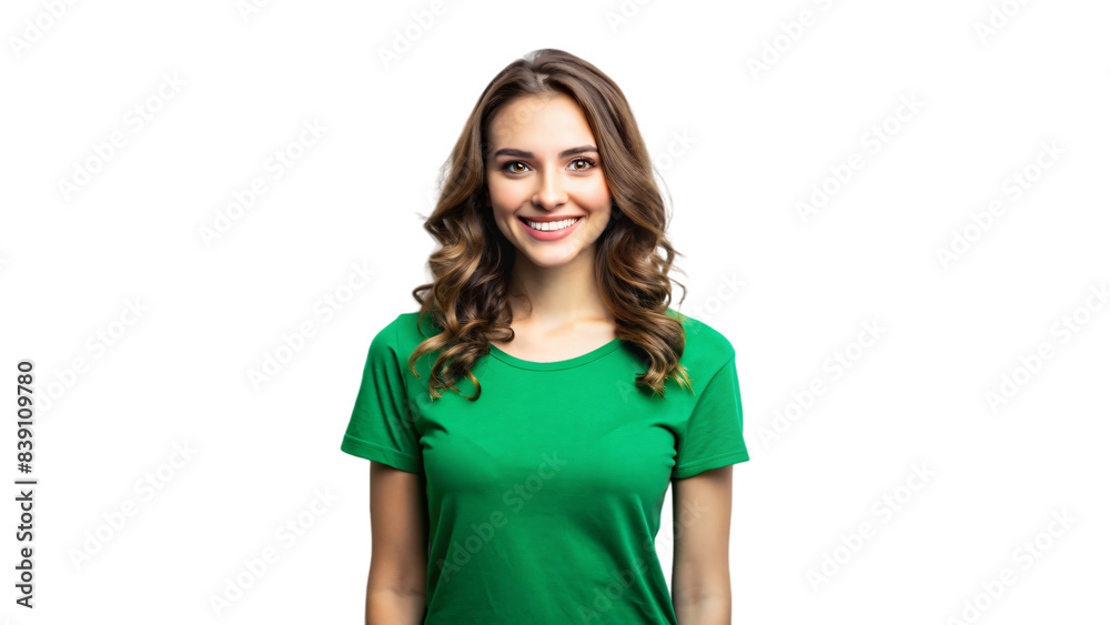 A close-up portrait of a smiling brunette woman รื green t shirt with her hair flowing down A close-up portrait of a smiling brunette woman รื green t shirt with her hair flowing down