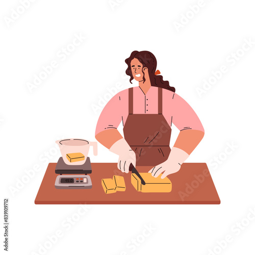 Handmade soap making. Cutting and weighing vector illustration. Isolated background.