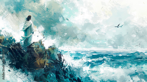 Digital watercolor painting of Jesus standing on the edge of a cliff overlooking a vast, windswept ocean, waves crashing against the rocks below, seagulls wheeling in the sky above