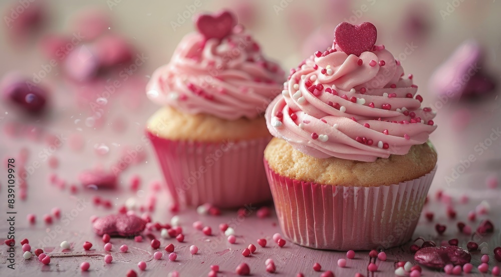 Pink Heart-Topped Cupcakes With Sprinkles on a Grey Table