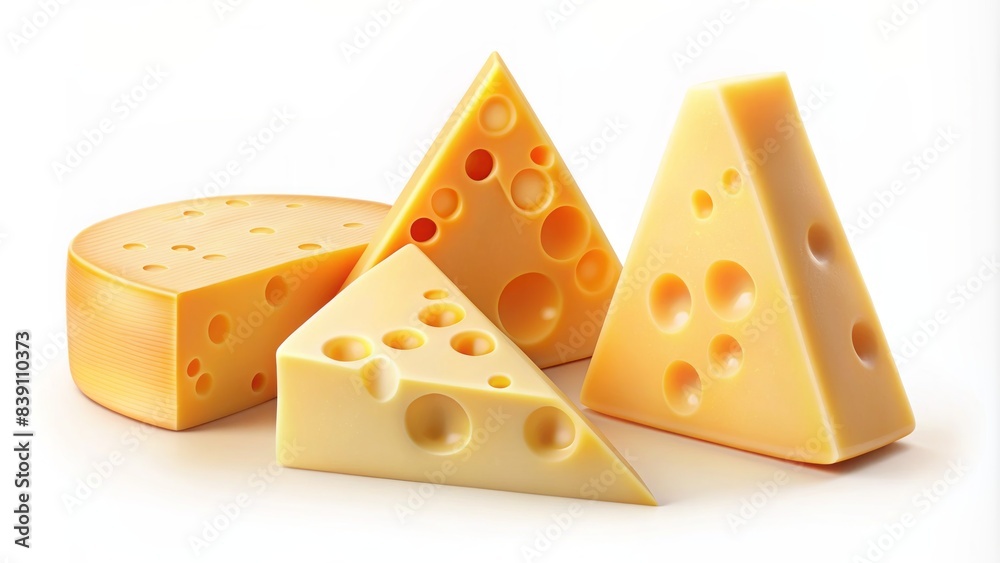 Triangular 3d cheese icon isolated on white background showcasing realistic organic dairy product from various angles as a healthy food symbol in vector illustration.