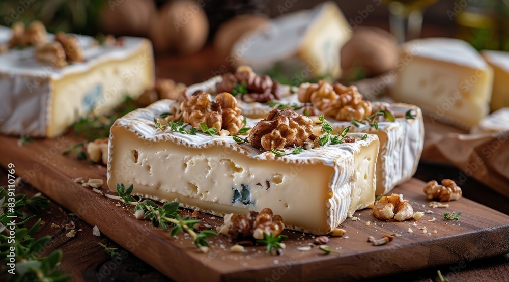 Brie Cheese With Walnuts and Honey on Wooden Cutting Board
