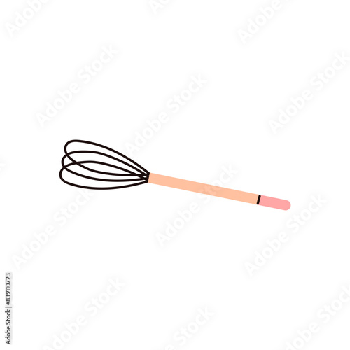 Wire whisk with wooden handle vector flat isolated, cartoon kitchen utensils for mixing, whisking, cooking tool