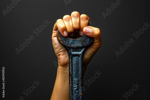 Hand holding wrench as symbol of labor day greeting card professional photography