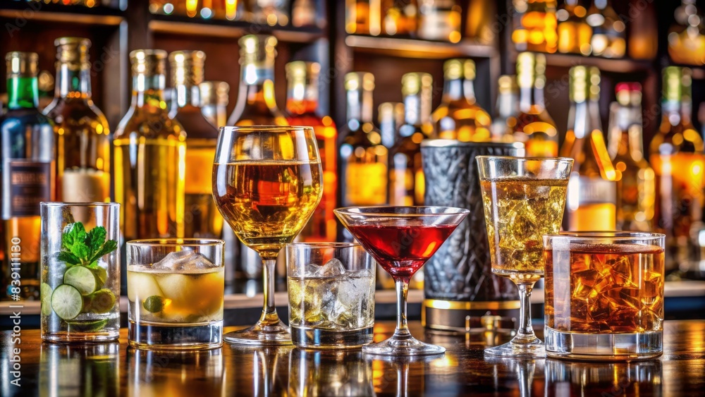Vibrant array of premium spirits and cocktails on a polished bar counter, featuring whiskey, vodka, rum, and gin in elegant glasses. Vibrant array of premium spirits and cocktails on a polished bar counter, featuring whiskey, vodka, rum, and gin in elegant glasses.