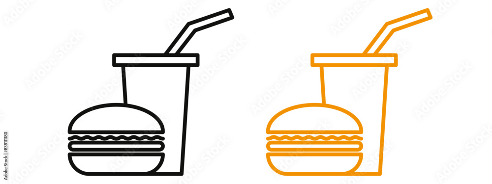 Hamburger and soft drink cup icon mark in filled style Hamburger and soft drink cup icon mark in filled style