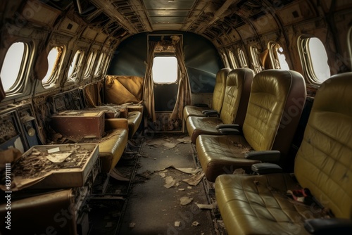 Exploring the eerie and desolate interior of an abandoned vintage aircraft cabin. Showcasing the decay and dilapidation of the old airplane s cockpit. Weathered leather seats. Broken windows