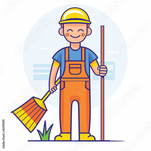 Smiling cartoon janitor holding broom, wearing blue overalls, safety helmet, clean environment. Cheerful male cleaner work uniform ready duty, professional cleaning staff illustration. Cartoon