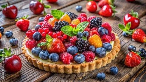 Vibrant and colorful arrangement of assorted fresh berries and crunchy cookies atop a delicate tart, set against a rustic wooden background with ample copy space.
