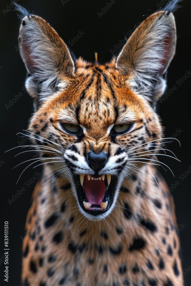 Fototapeta premium Mystic portrait of Serval in studio, copy space on right side, Anger, Menacing, Headshot, Close-up View Isolated on black background