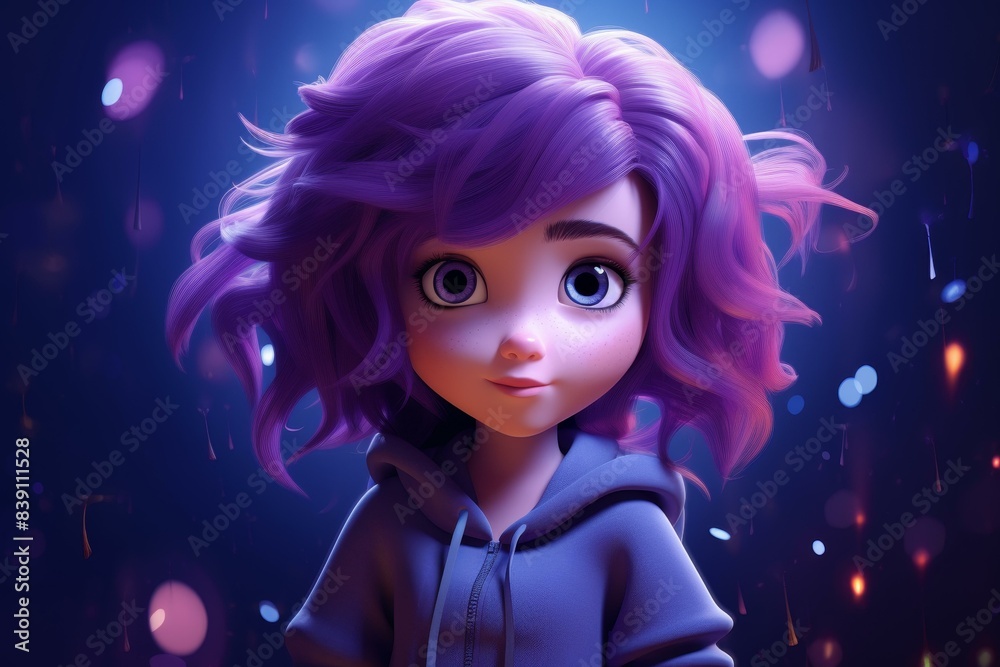 Adorable animated cartoon character of a little girl with purple hair on a purple background. Adorable animated cartoon character of a little girl with purple hair on a purple background.