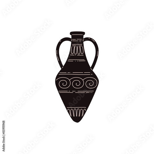 Ancient Greece amphora black silhouette with traditional ornament vector, antique clay pitcher vase doodle style drawing