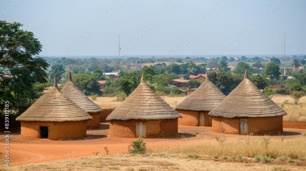 A picturesque landscape in Africa with a cluster of traditional huts with conical thatched roofs amidst savannah A picturesque landscape in Africa with a cluster of traditional huts with conical thatched roofs amidst savannah