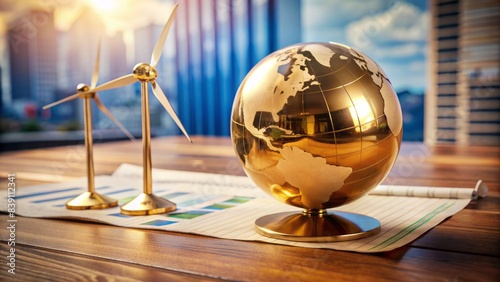 Golden globe on a wooden desk surrounded by financial reports, charts, and graphs, with a faint image of a wind turbine in the background. photo