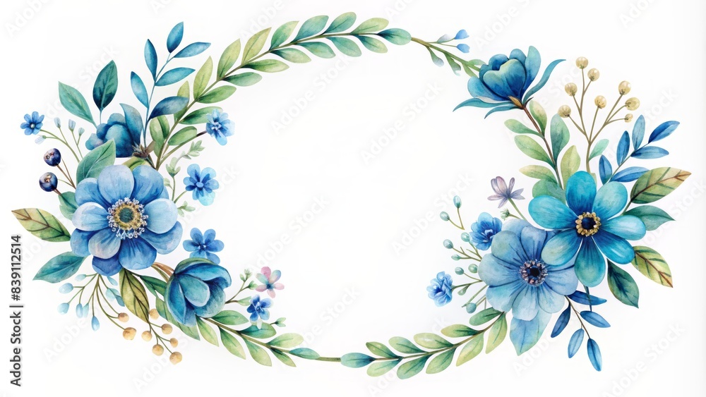 Delicate watercolor illustration of a circular frame adorned with a vibrant blue flower design on a crisp white background, exuding elegance and refinement.