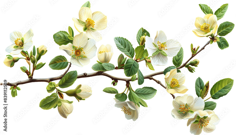 Fototapeta premium Branch with spring flowers die cut PNG style isolated on white and transparent background