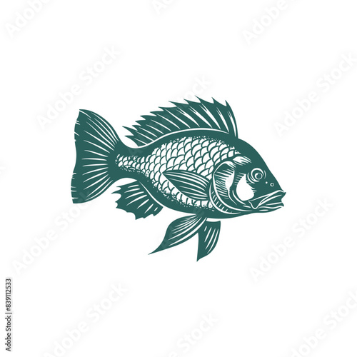 Vector illustration of Tilapia fish isolated on white background. Tilapia fish glyph icon. Badge for design seafood packaging. Logo Design for Fish Farming Business