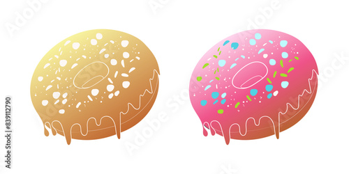 A digital illustration depicting two donuts. The donut on the left has a yellow glaze with white sprinkles and the donut on the right has a pink glaze with blue, green and white sprinkles.
