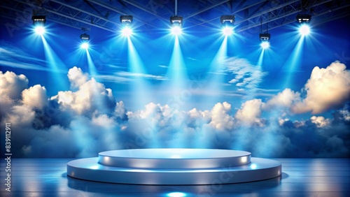 Vibrant stage lights illuminate a vacant podium set against a serene background of fluffy white clouds and a brilliant blue sky. photo