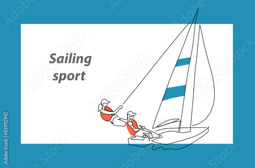 Sailing vector background, banner, poster. One continuous line art drawing illustration of sailing sport
