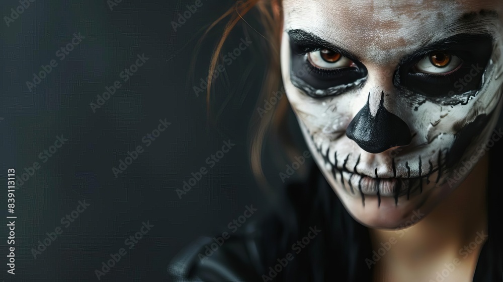 Wide-angle shot of a female with detailed skull makeup, black background providing copy space, photorealistic CGI with dramatic lighting
