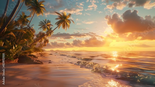 A picturesque coastal scene with sandy beaches and palm trees, bathed in the warm hues of the setting sun.