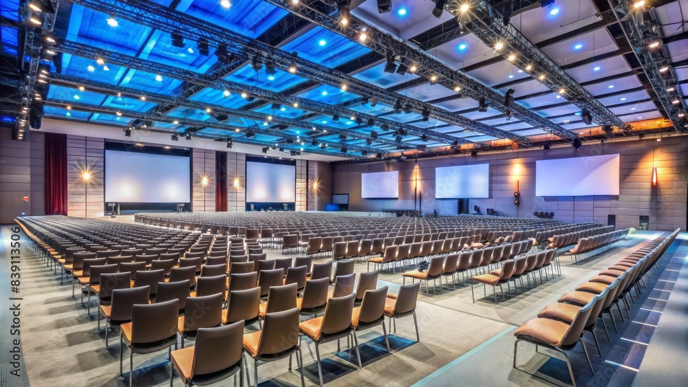 Large empty conference hall with rows of chairs facing a massive screen displaying a video presentation, awaiting attendees for a business or educational seminar. Large empty conference hall with rows of chairs facing a massive screen displaying a video presentation, awaiting attendees for a business or educational seminar.