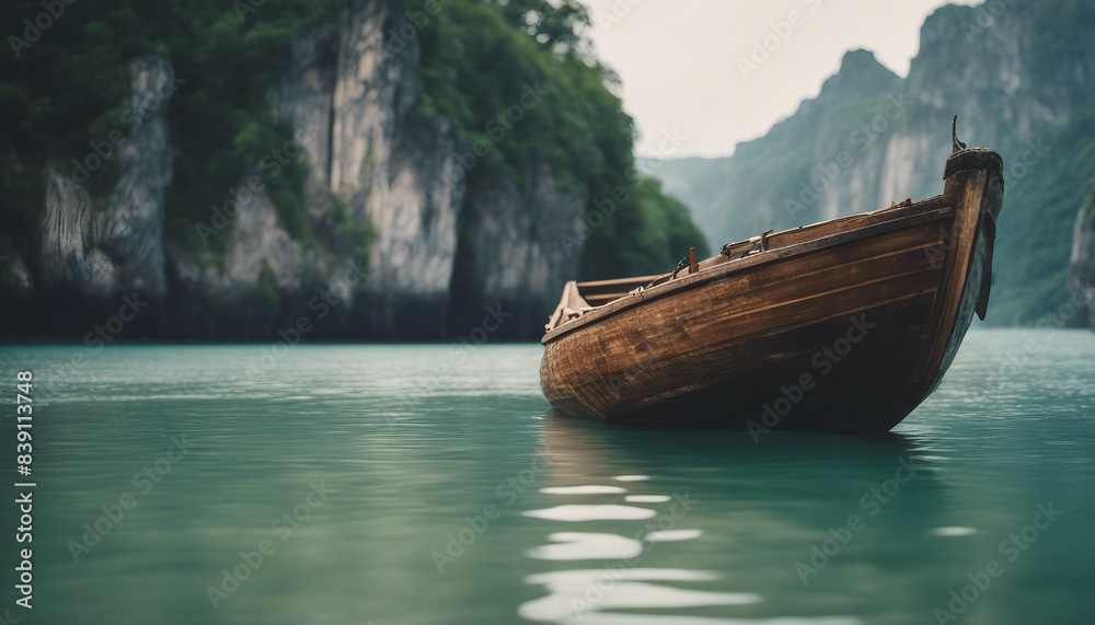 wood humble boat in calm waters, surrounded by towering cliffs and lush vegetation
wood humble boat in calm waters, surrounded by towering cliffs and lush vegetation