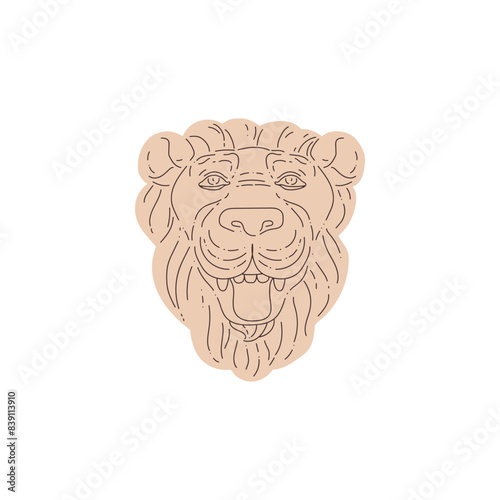 Ancient sculpture lion head with open mouth vector line art, mythology animal muzzle, antique relief stone gypsum statue