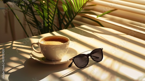 A cup of coffee on the table, black sunglasses and plant in background, shadowplay, aesthetic, pinterest style