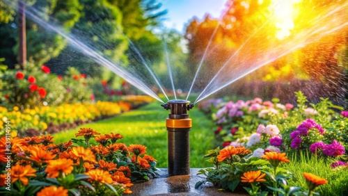 Fototapeta Naklejka Na Ścianę i Meble -  Vibrant orange and black automatic garden sprinkler efficiently waters lush green grass and colorful flowers in a modern, tech-savvy yard.