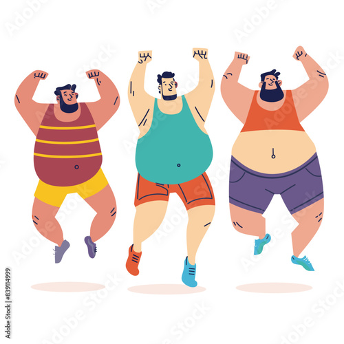 Three happy plussize men celebrate fitness success, dancing joyfully. Diversity body positivity, colorful sportswear, cheerful mood depicted. Curvy male characters enjoy workout victory, exuding photo