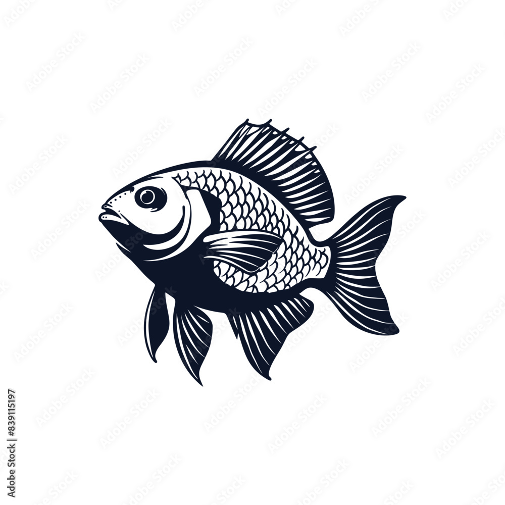 Obraz premium Vector illustration of Tilapia fish isolated on white background. Tilapia fish glyph icon. Badge for design seafood packaging. Logo Design for Fish Farming Business