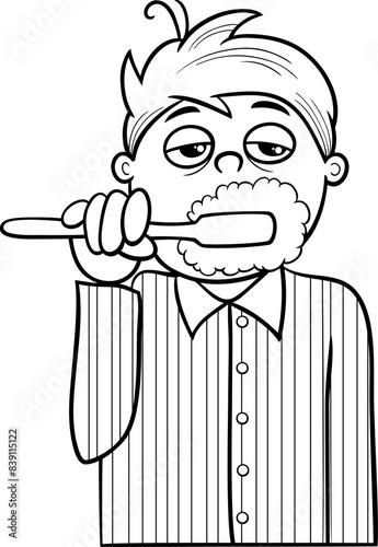 cartoon sleepy boy brushing his teeth in the morning coloring page