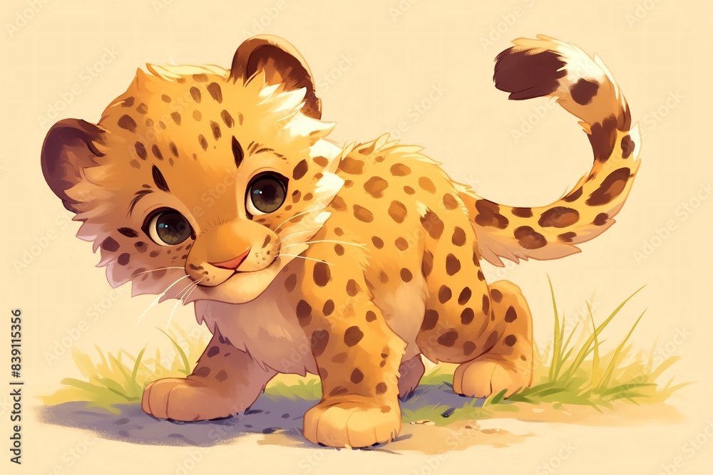 Super cute illustration of a leopard cub playing with its tail, vibrant colors, soft focus, detailed fur texture, happy and playful mood Super cute illustration of a leopard cub playing with its tail, vibrant colors, soft focus, detailed fur texture, happy and playful mood