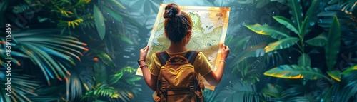 Young explorer with a handdrawn map, surrounded by junglethemed objects, flat lay, vibrant colors, whimsical and fun illustration 8K , high-resolution, ultra HD,up32K HD photo