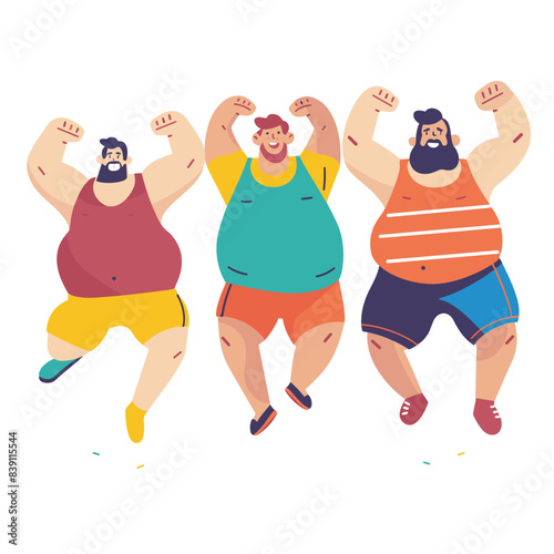 Three happy, diverse men celebrate, dancing cheerfully, showing positivity joy. Plus size male characters exhibit confidence happiness colorful attire. Cartoon style depiction male bonding